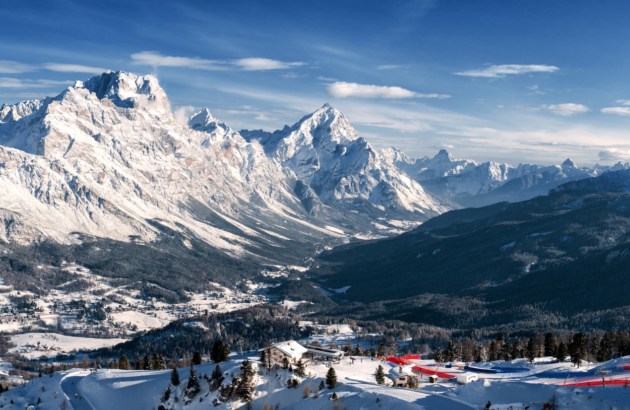 Vue en hauteur d'une station de ski et ses massifs montagneux en arrière plan
