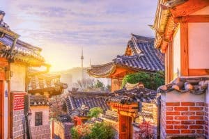 view of seoul tower from bockchon at sunset